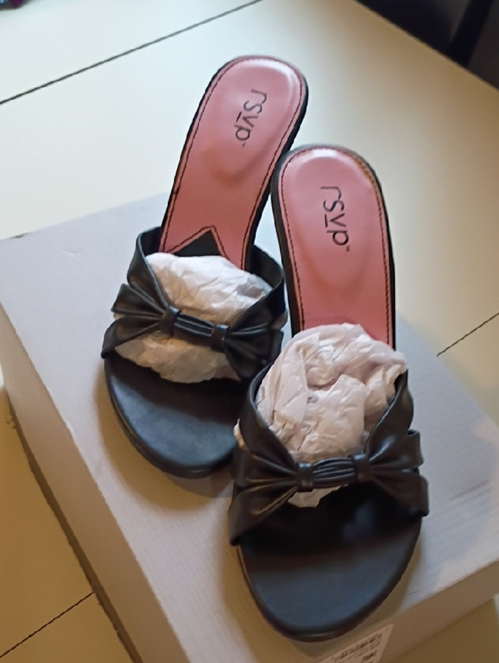 RSVP Black Slide Mules with Bow and Pink Insole